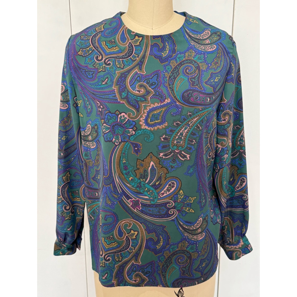 La Chine Classic vintage silky long sleeve Blouse Size M Green Paisley